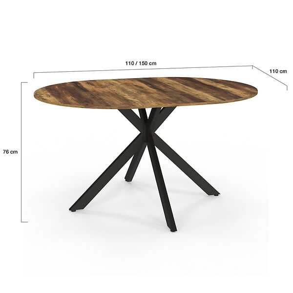 ID MARKET - Table à manger extensible ronde ALIX 4-8 personnes pied araignée noir et plateau bois foncé HAWKINS 110-150 cm - large