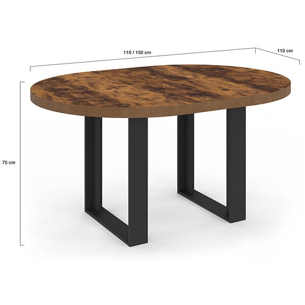 ID MARKET - Table à manger extensible ronde PHOENIX 4-6 personnes bois foncé effet vieilli et noir 110-150 cm - large