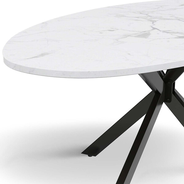 ID MARKET - Table à manger ovale ALIX 10 personnes pied araignée noir et plateau effet marbre blanc ALASKA 200 cm - large