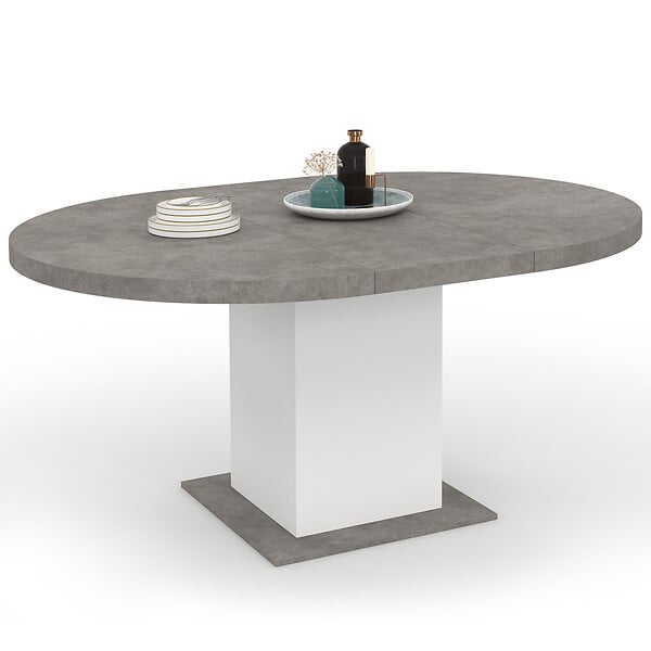 ID MARKET - Table à manger extensible ronde EDEN 4-8 personnes béton et blanc 120-160 cm - large