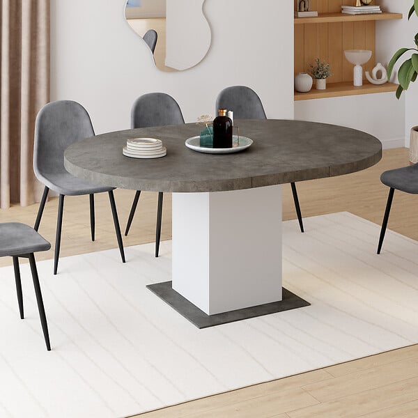 ID MARKET - Table à manger extensible ronde EDEN 4-8 personnes béton et blanc 120-160 cm - large
