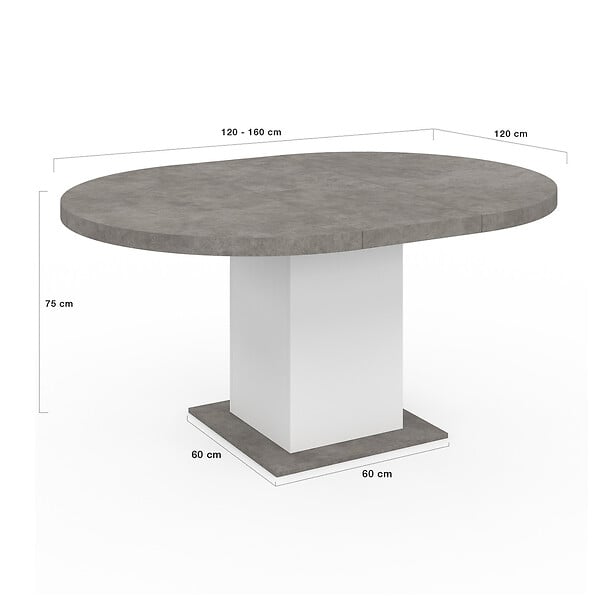 ID MARKET - Table à manger extensible ronde EDEN 4-8 personnes béton et blanc 120-160 cm - large