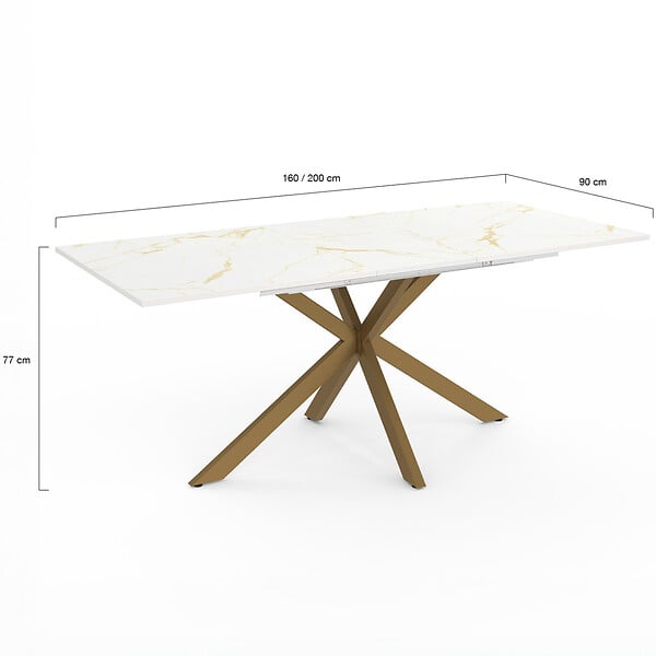 ID MARKET - Table à manger extensible rectangle ALIX 6-10 personnes pied araignée laiton plateau effet marbre doré ALASKA 160 - 200 cm - large