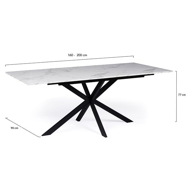 ID MARKET - Table à manger extensible rectangle ALIX 6-10 personnes pied araignée noir plateau effet marbre blanc ALASKA 160-200 cm - large