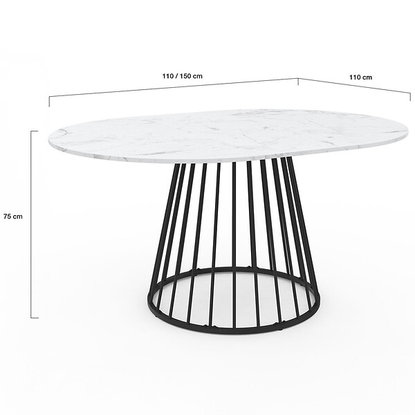 ID MARKET - Table à manger extensible ronde YUNA 4-8 personnes plateau effet marbre blanc ALASKA et noir 110 - 150 cm - large