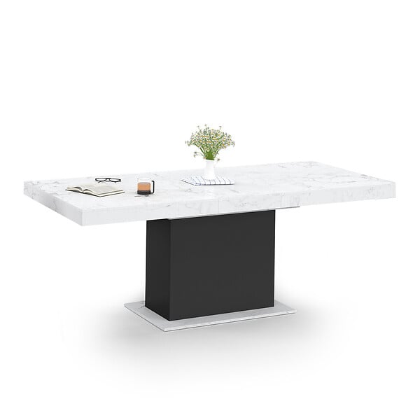 ID MARKET - Table à manger extensible rectangle EDEN 6-10 personnes plateau effet marbre blanc ALASKA et noir 160-200 cm - large