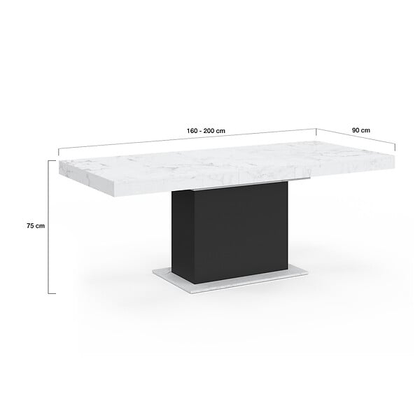 ID MARKET - Table à manger extensible rectangle EDEN 6-10 personnes plateau effet marbre blanc ALASKA et noir 160-200 cm - large