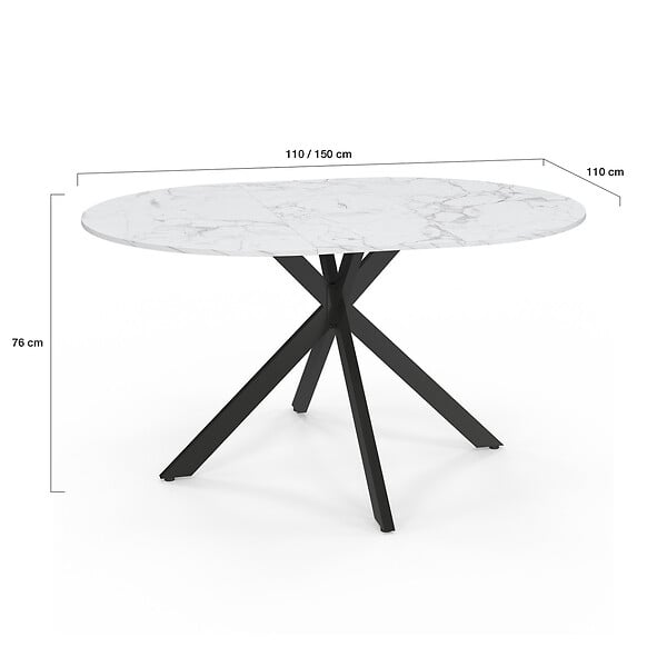 ID MARKET - Table à manger extensible ronde ALIX 4-8 personnes pied araignée noir plateau effet marbre blanc ALASKA 110-150 cm - large
