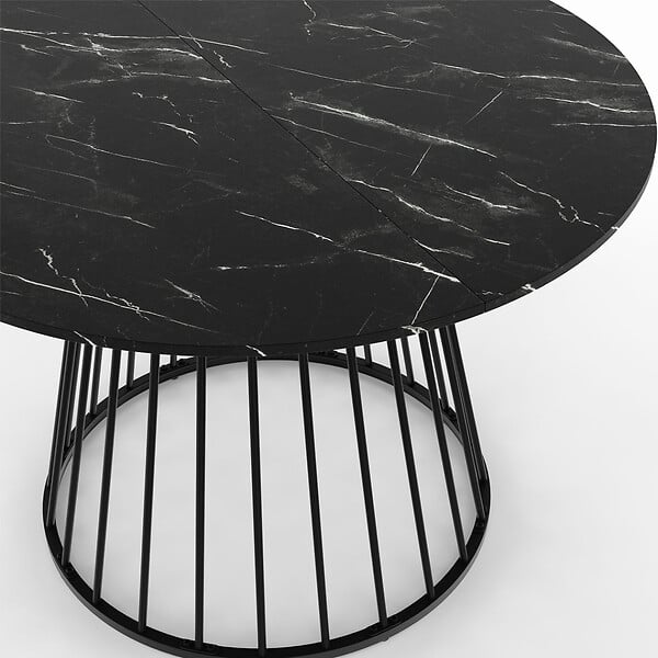 ID MARKET - Table à manger ronde YUNA 6 personnes plateau effet marbre noir ALASKA et pied filaire en métal noir 110 cm - large