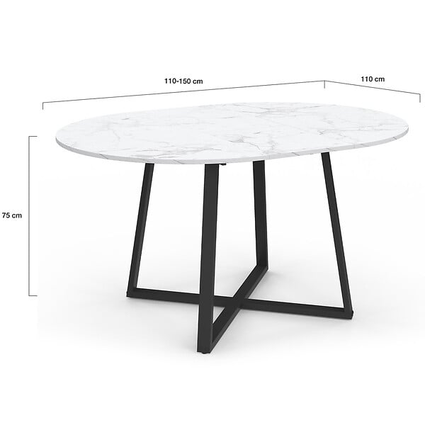 ID MARKET - Table à manger extensible ronde SELMA 4-8 personnes noir et plateau marbre blanc ALASKA 110-150 cm - large