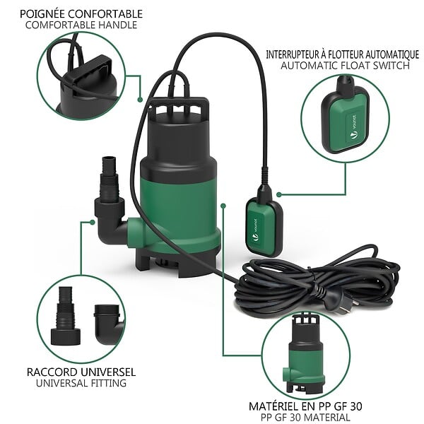 VOUNOT - Pompe evacuation pour eaux chargees 14000L/h profondeur 7m - large