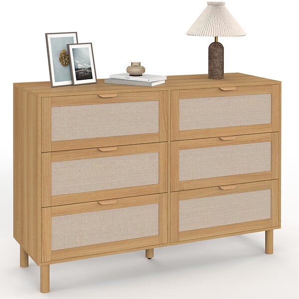 ID MARKET - Commode 6 tiroirs ROBIN 115 cm meuble de rangement bois et tissu effet lin - large