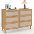 ID MARKET - Commode 6 tiroirs ROBIN 115 cm meuble de rangement bois et tissu effet lin - vignette