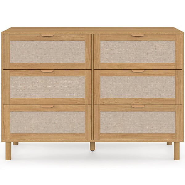 ID MARKET - Commode 6 tiroirs ROBIN 115 cm meuble de rangement bois et tissu effet lin - large