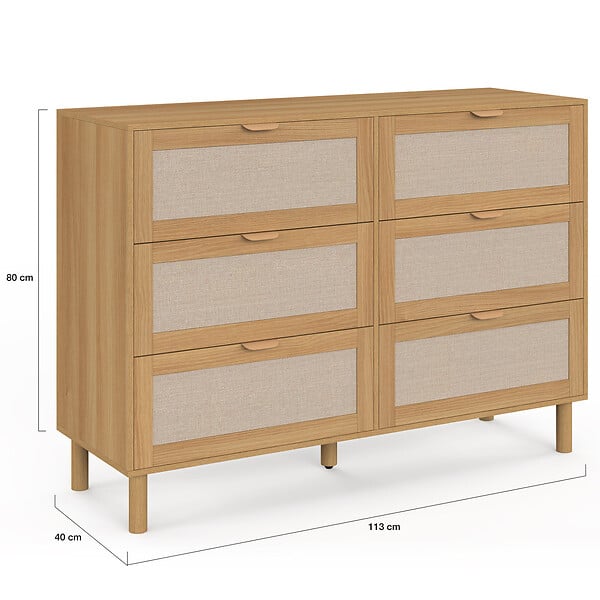 ID MARKET - Commode 6 tiroirs ROBIN 115 cm meuble de rangement bois et tissu effet lin - large