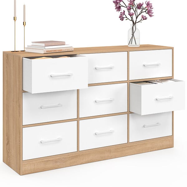 ID MARKET - Commode 9 tiroirs en tissu UPPAH 113 cm meuble de rangement bois façon hêtre et blanc - large