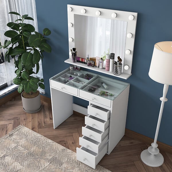 HABITAT ET JARDIN - Coiffeuse avec miroir en bois "Kona" - 90 x 44 x 80 cm - Blanc - large