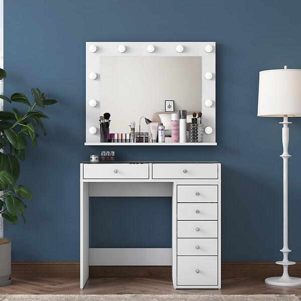 HABITAT ET JARDIN - Coiffeuse avec miroir en bois "Kona" - 90 x 44 x 80 cm - Blanc - large