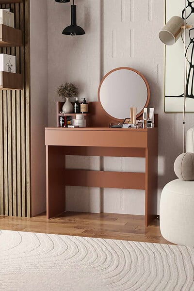 HABITAT ET JARDIN - Coiffeuse avec miroir en bois "Harmony Mini Round" - 90 x 40 x 133 cm - Terracotta - large