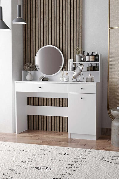 HABITAT ET JARDIN - Coiffeuse avec miroir rond en bois "Harmony Round" - 124 x 40 x 135 cm - Blanc - large