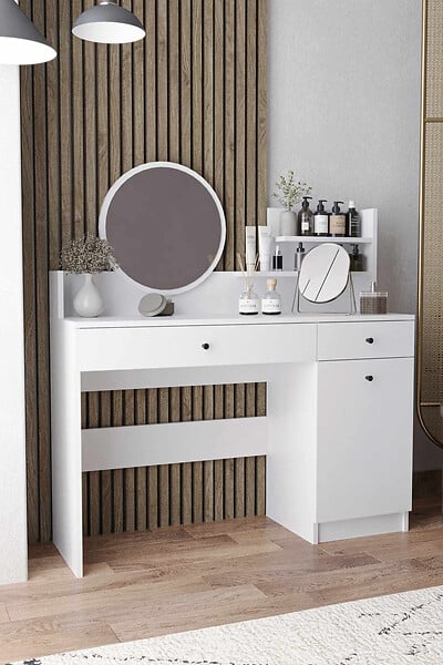HABITAT ET JARDIN - Coiffeuse avec miroir rond en bois "Harmony Round" - 124 x 40 x 135 cm - Blanc - large