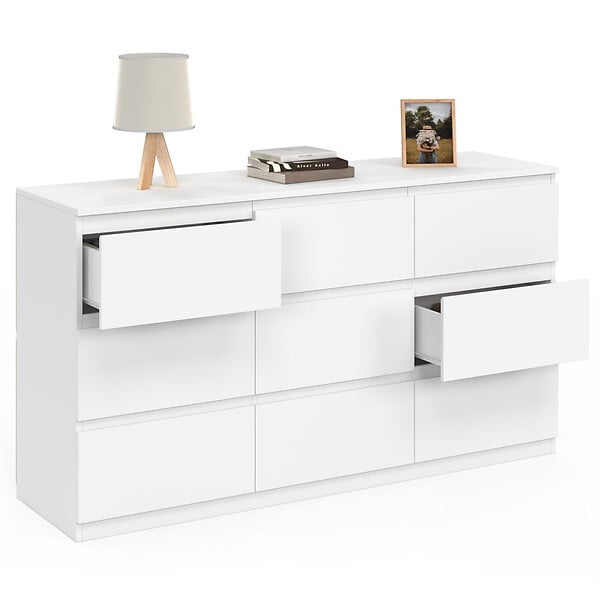 ID MARKET - Commode 9 tiroirs TOMI XXL 136 cm bois blanc - large