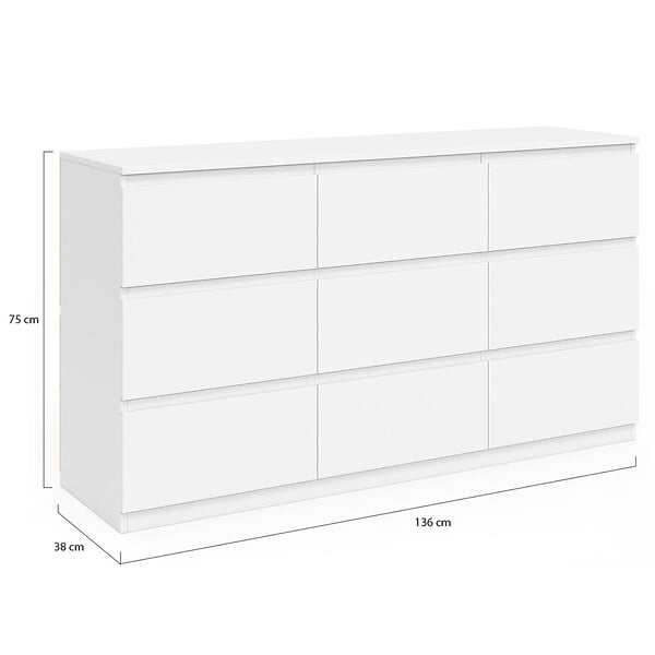 ID MARKET - Commode 9 tiroirs TOMI XXL 136 cm bois blanc - large