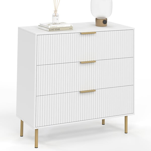 ID MARKET - Commode 3 tiroirs MARCEL 80 cm lattes blanc et doré - large