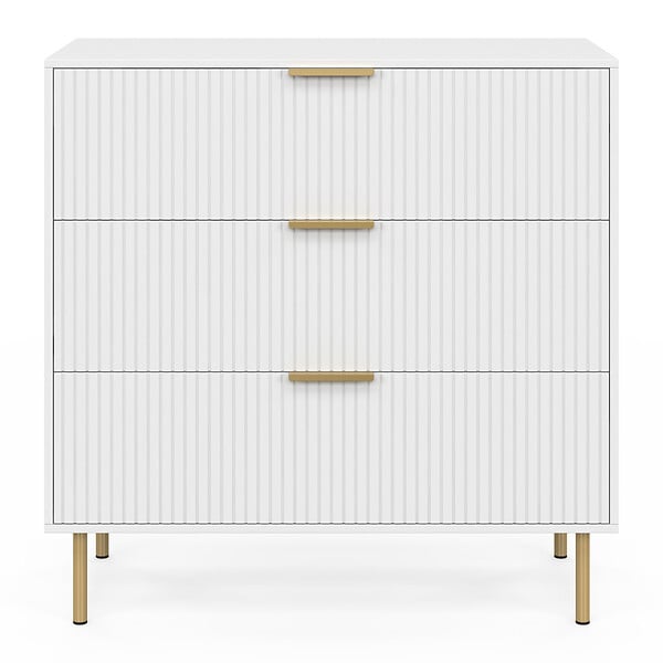ID MARKET - Commode 3 tiroirs MARCEL 80 cm lattes blanc et doré - large