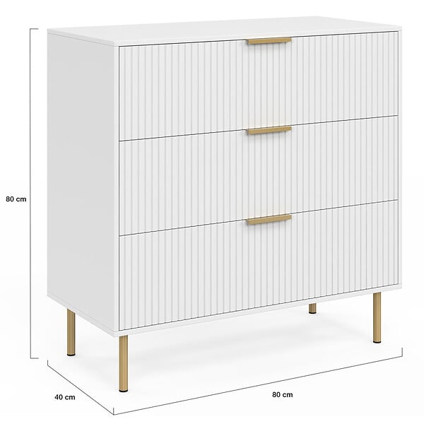 ID MARKET - Commode 3 tiroirs MARCEL 80 cm lattes blanc et doré - large