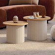 ID MARKET - Lot de 2 tables basses gigognes KANEL rondes 40/45 effet cannelé beige et plateau bois - vignette