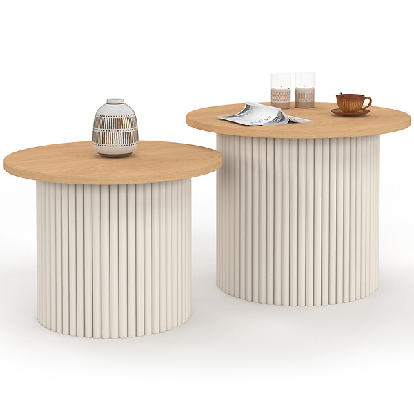 ID MARKET - Lot de 2 tables basses gigognes KANEL rondes 40/45 effet cannelé beige et plateau bois - large