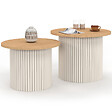 ID MARKET - Lot de 2 tables basses gigognes KANEL rondes 40/45 effet cannelé beige et plateau bois - vignette