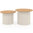ID MARKET - Lot de 2 tables basses gigognes KANEL rondes 40/45 effet cannelé beige et plateau bois - vignette