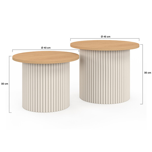 ID MARKET - Lot de 2 tables basses gigognes KANEL rondes 40/45 effet cannelé beige et plateau bois - large