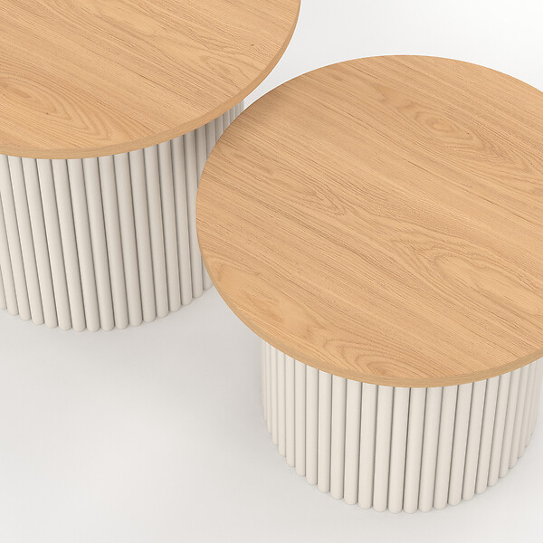 ID MARKET - Lot de 2 tables basses gigognes KANEL rondes 40/45 effet cannelé beige et plateau bois - large