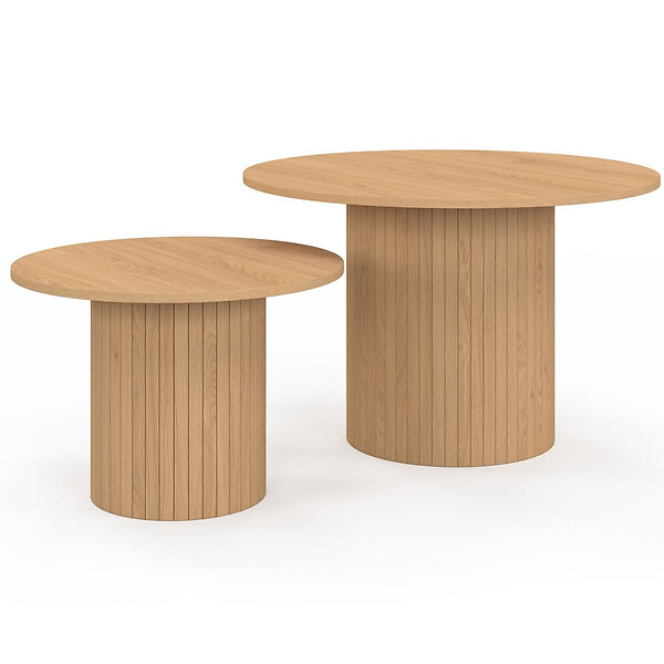 ID MARKET - Lot de 2 tables basses gigognes JULIETTE rondes 50/70 effet lattes tasseau bois coloris chêne - large