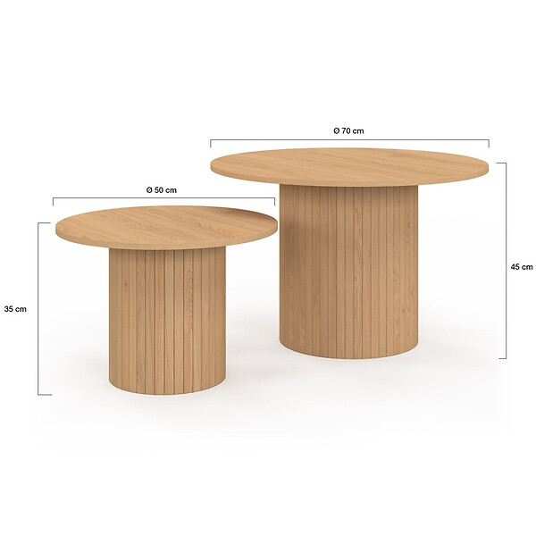 ID MARKET - Lot de 2 tables basses gigognes JULIETTE rondes 50/70 effet lattes tasseau bois coloris chêne - large