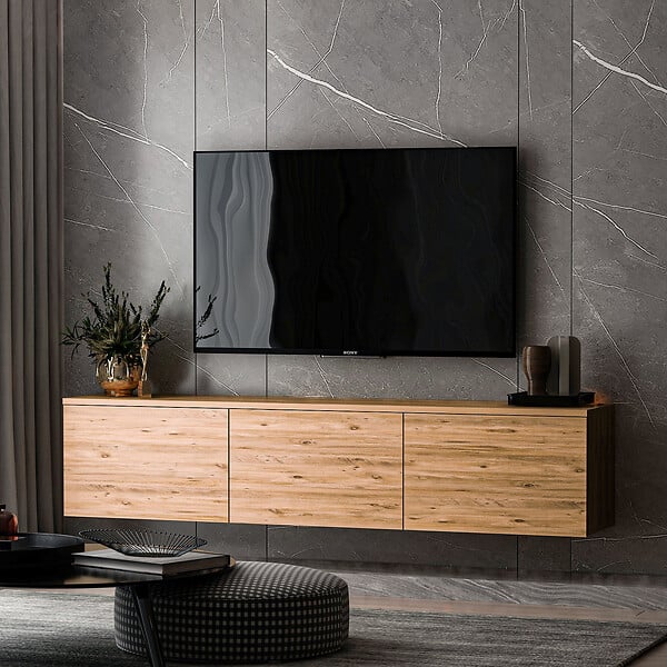HABITAT ET JARDIN - Meuble TV suspendu en bois avec éclairage LED "Neon" - 160 x 32 x 35 cm - Marron clair - large