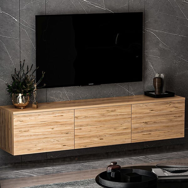 HABITAT ET JARDIN - Meuble TV suspendu en bois avec éclairage LED "Neon" - 160 x 32 x 35 cm - Marron clair - large