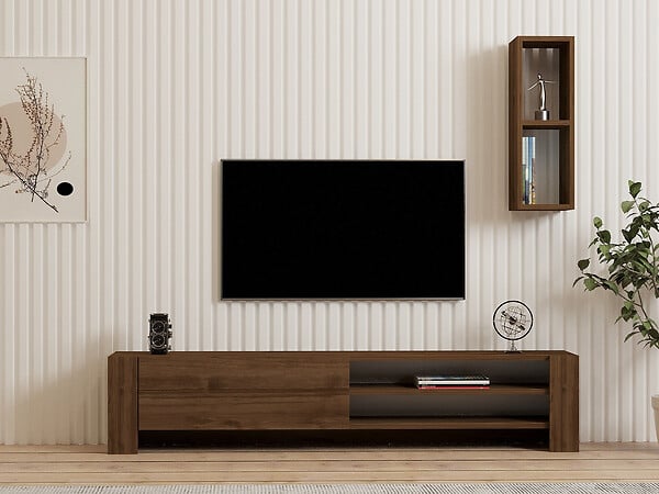 HABITAT ET JARDIN - Meuble TV avec étagère murale en bois "Naz" - 160 x 26 x 33 cm - Marron - large