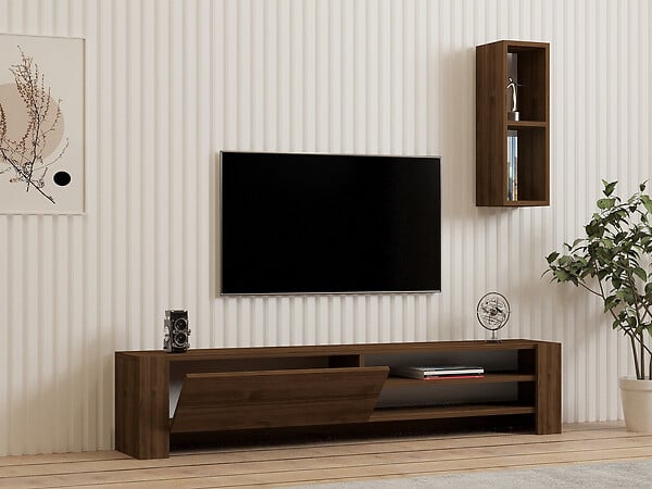 HABITAT ET JARDIN - Meuble TV avec étagère murale en bois "Naz" - 160 x 26 x 33 cm - Marron - large