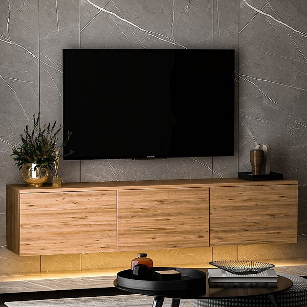 HABITAT ET JARDIN - Meuble TV suspendu en bois avec éclairage LED "Neon illuminated" - 160 x 32 x 35 cm - Marron - large