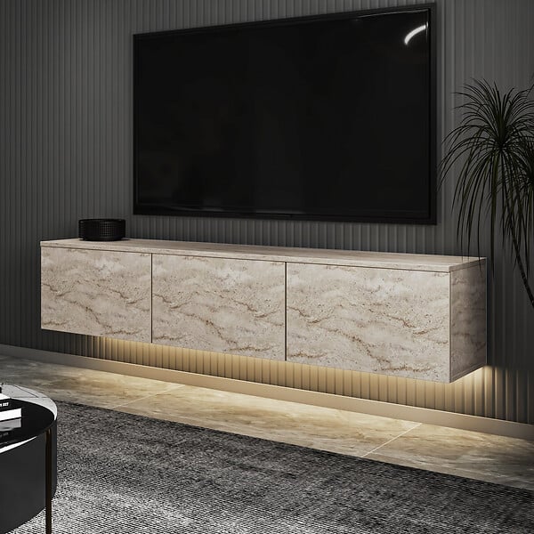 HABITAT ET JARDIN - Meuble TV suspendu en bois avec éclairage LED "Neon illuminated" - 160 x 32 x 35 cm - Travertin - large