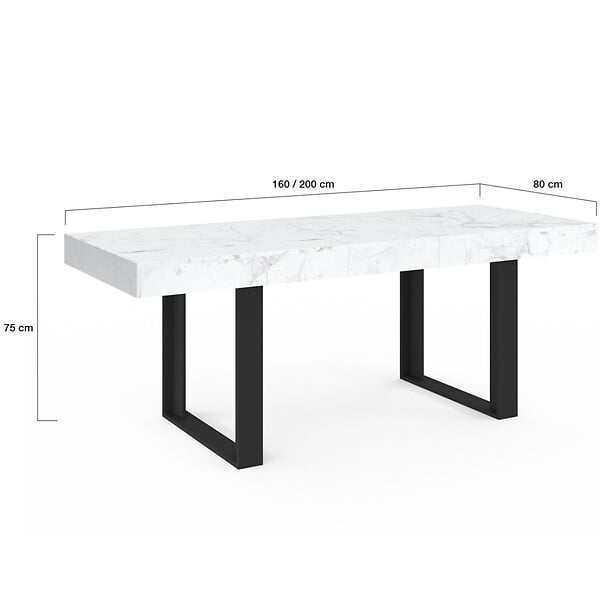 ID MARKET - Table à manger extensible rectangle PHOENIX 4-8 personnes plateau effet marbre blanc ALASKA 160-200 cm - large