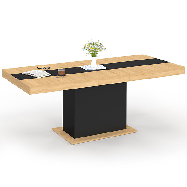 ID MARKET - Table à manger extensible rectangle EDEN 6-10 personnes bois et noir bande centrale noire 160-200 cm - large