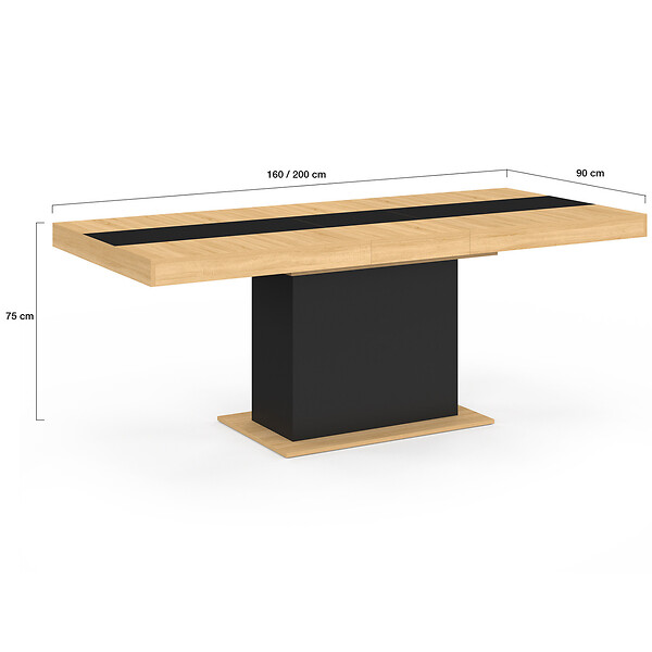 ID MARKET - Table à manger extensible rectangle EDEN 6-10 personnes bois et noir bande centrale noire 160-200 cm - large