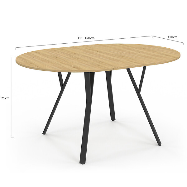 ID MARKET - Table à manger extensible ronde YSEULT 4-8 personnes bois et noir design industriel  110-150 cm - large