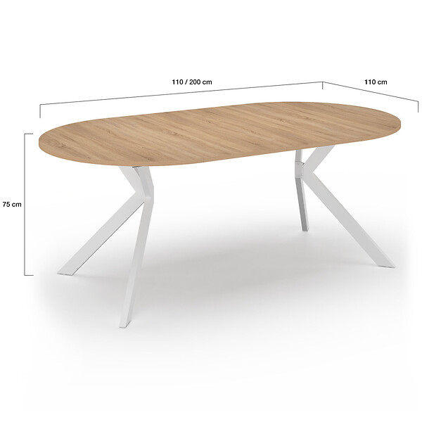 ID MARKET - Table à manger extensible ronde ALIX 4-10 personnes pied araignée bois et blanc 110-200 cm - large