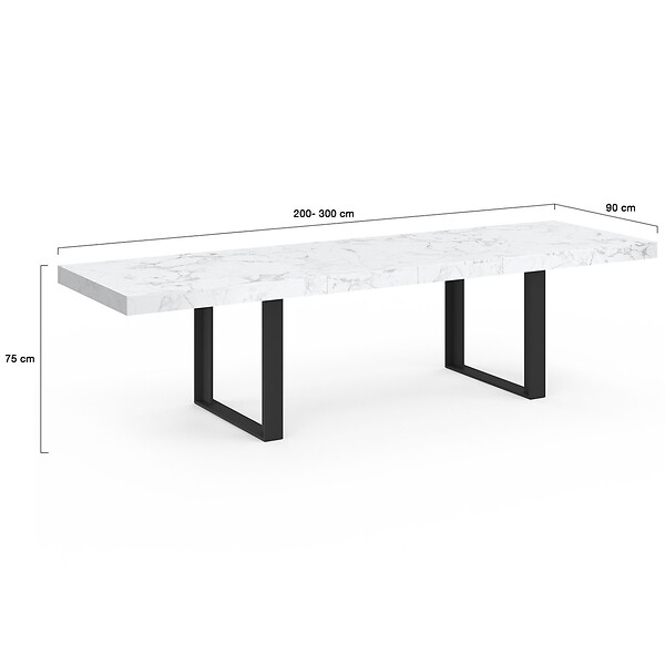 ID MARKET - Table à manger extensible PHOENIX rectangle 6-12 personnes plateau effet marbre blanc ALASKA 200-300 cm - large
